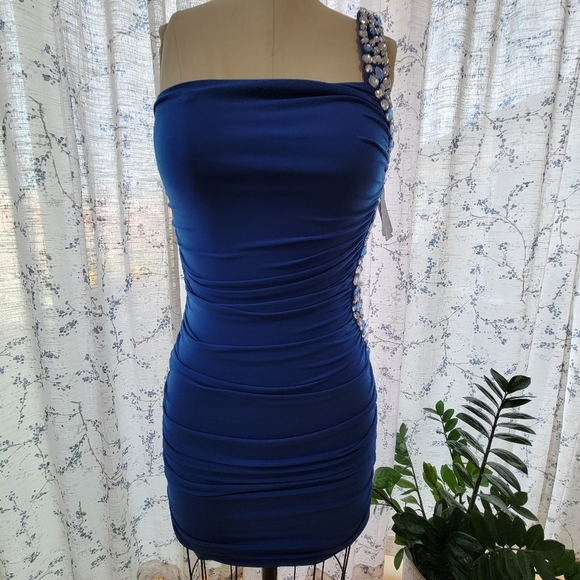 Cocktail Royal Blue Dress One shoulder with Rhinestones - City Triangle Size S - Picture 1 of 6